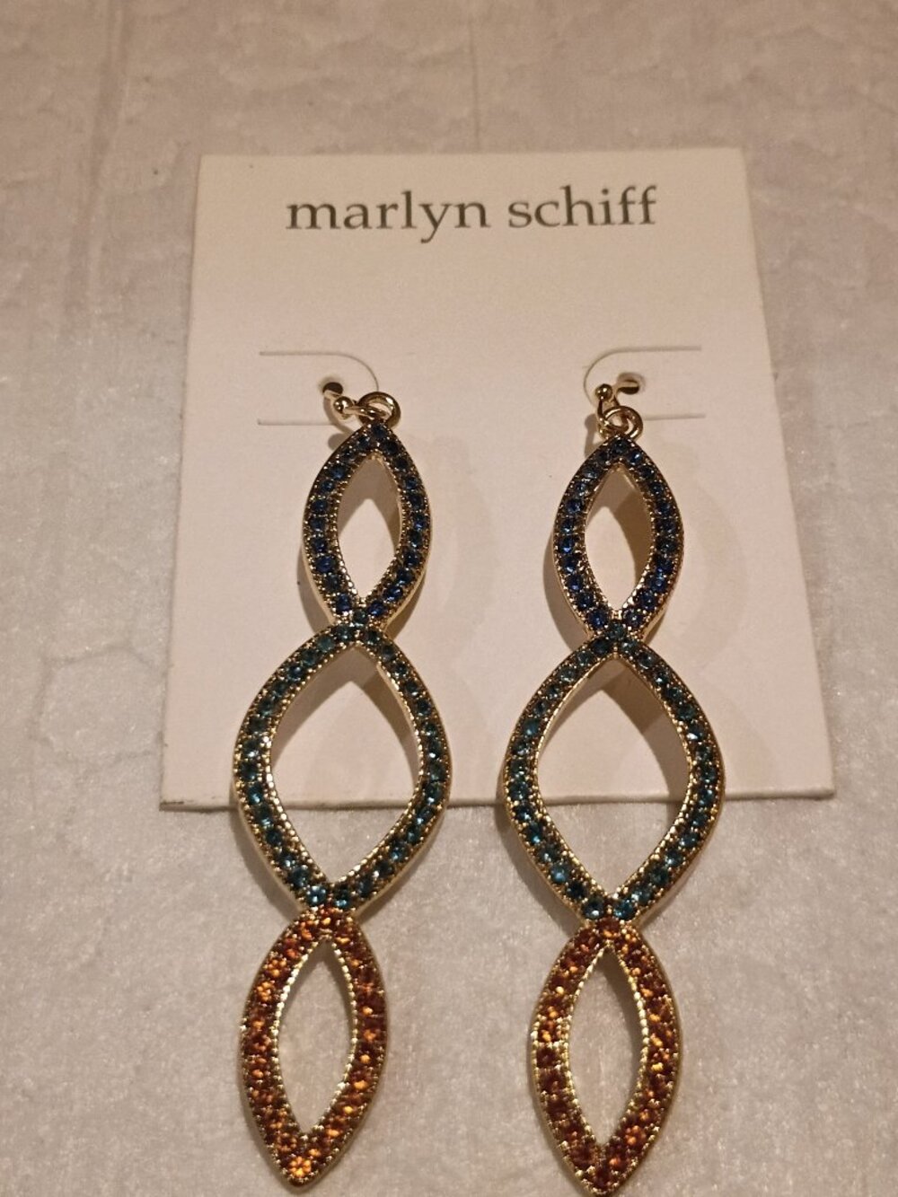 Marilyn Schiff Statement Earrings Multicolored Crystals Long Dangles Pierced NEW